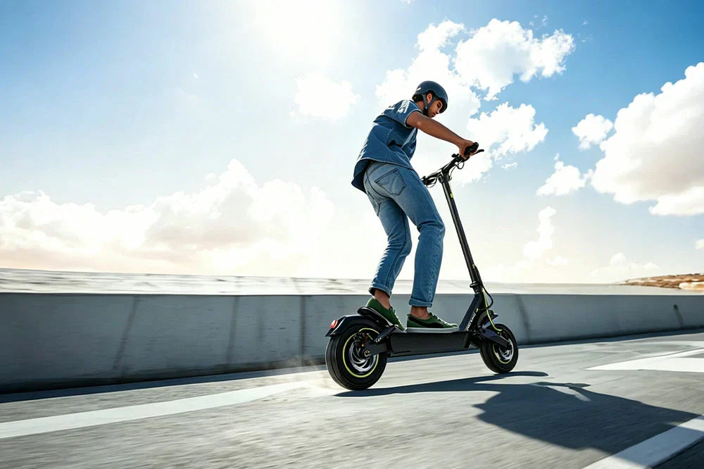 High-performance electric scooter with green wheel accents speeding on open highway road