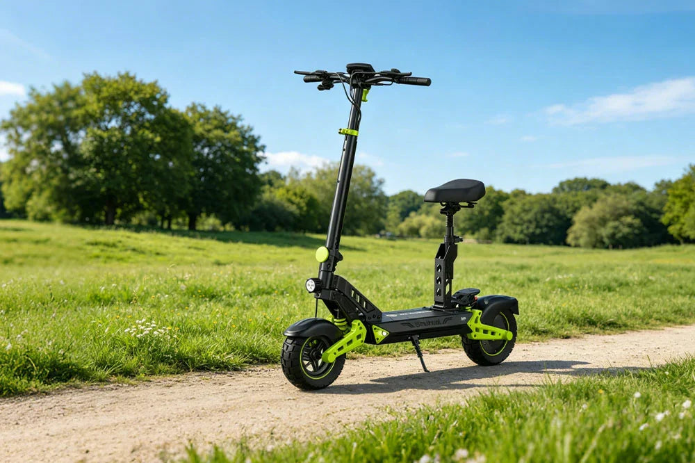 Black electric scooter with bright green accents parked on dirt path in sunny park