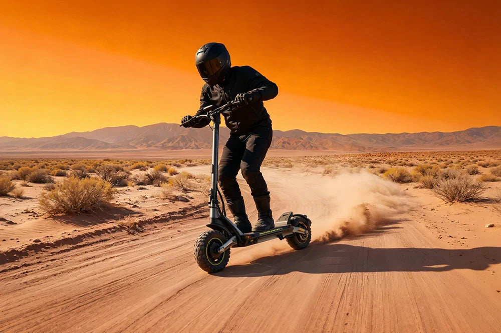 High-power electric scooter being ridden on arid desert dirt road with mountain backdrop