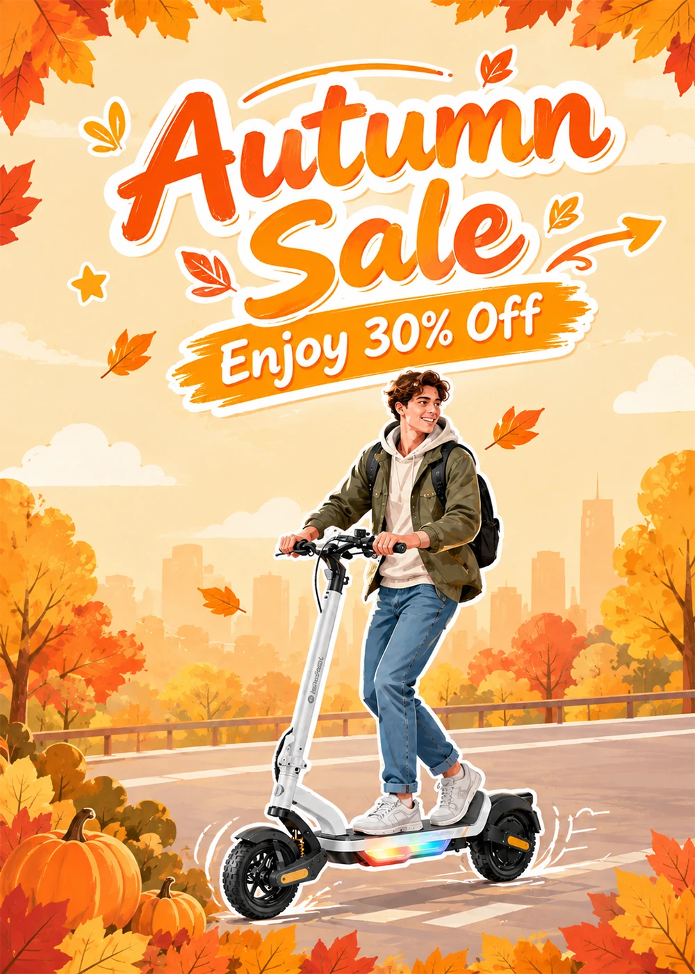 Vertical Autumn Sale promotion poster "Autumn Sale Enjoy 30% Off", cartoon illustration of young man with backpack riding white foldable electric scooter with RGB deck lights, autumn city road background, falling maple leaves and pumpkins, warm yellow fall aesthetic, e-scooter seasonal discount campaign