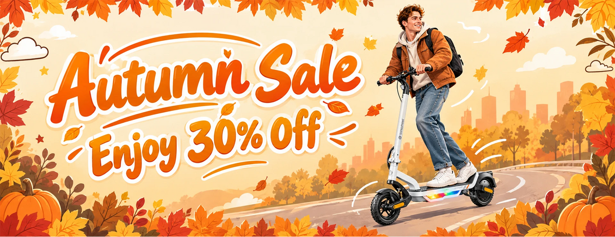Wide homepage Autumn Sale banner "Autumn Sale Enjoy 30% Off", illustrated young man riding white foldable electric scooter with colorful RGB light strip, autumn city skyline background, maple leaves and pumpkin decorations, hand-drawn cartoon style, e-scooter fall promotion for website slideshow